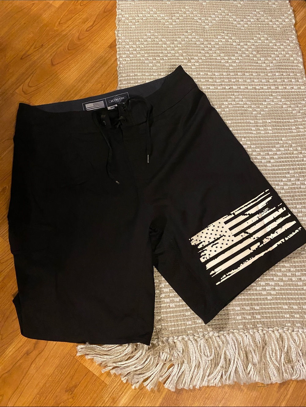AUTHENTIC Men's Black Board Shorts with White Flag Accent 34